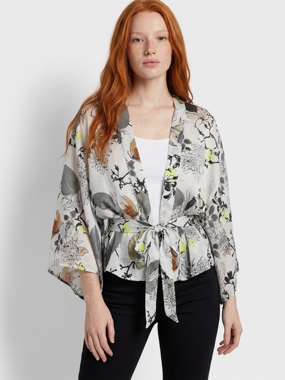 NWT - Beautiful floral, bell sleeves, front wrap silk blouse